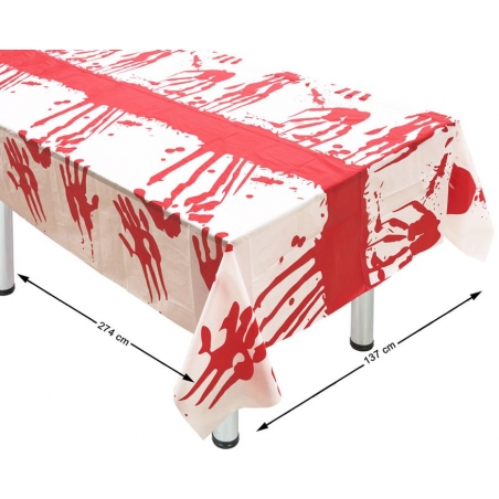 Nappe tachée de sang idéale pour réaliser une décoration de table terrifiante pour halloween