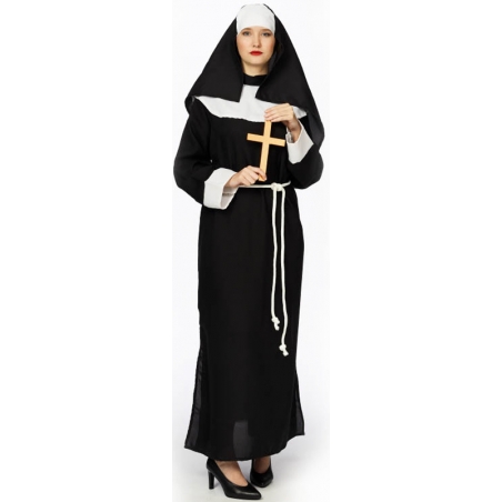 Déguisement de Nonne pour femme avec robe, ceinture  et coiffe, également disponible en grandes tailles