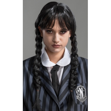 Perruque Mercredi Addams Longue Tressée Noire – Frange Et Tresses – Résistante à La Chaleur 180°C – Cosplay Halloween – Taille Réglable 55 Cm