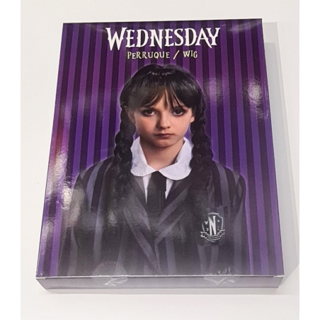 Packaging de la perruque Mercredi Addams pour fille sous licence officielle Wednesday