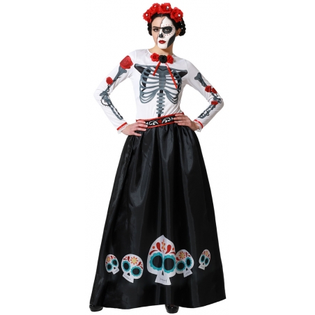 Déguisement femme squelette jour des morts mexicain avec robe et ceinture