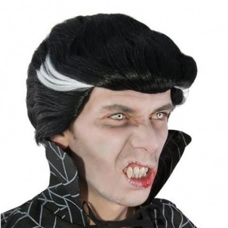 Perruque déguisement vampire pour homme, cheveux noirs mèches blanches