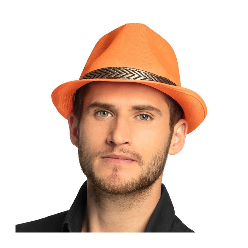 Accessoire thème fluo années 80, chapeau borsalino orange fluo