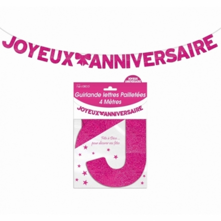 Guirlande Joyeux Anniversaire rose pailletté 4 mètres