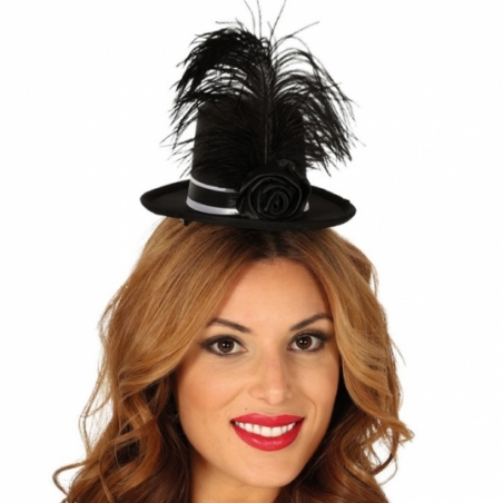 Mini chapeau haut de forme gothique noir et blanc avec plume