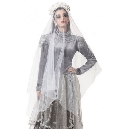 Voile de mariée fantîme décoré de roses blanches idéal pour fêter Halloween