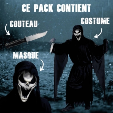 costume Ghostface avec tunique, masque et couteau, un costume idéal pour se déguiser pour Halloween