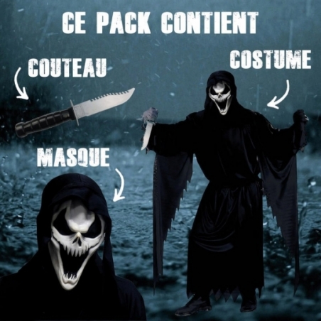 costume Ghostface avec tunique, masque et couteau, un costume idéal pour se déguiser pour Halloween costume Ghostface avec tunique, masque et couteau, un costume idéal pour se déguiser pour Halloween