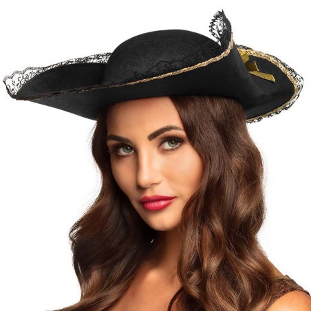 Chapeau de pirate pour femme avec dentelle noire et ruban doré