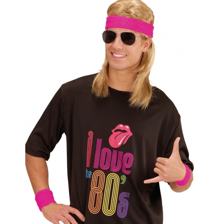 Idée d'accessoires années 80 pour homme avec le kit bandeau et poignets rose fluo