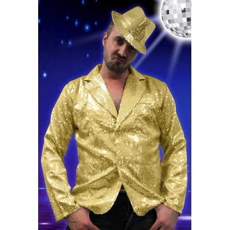idée d'accessoires pour completer une tenue disco avec la veste à paillettes dorées