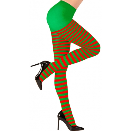 Paire de collants rouge et vert à rayures idéale pour compléter une tenue de lutin ou de clown Paire de collants rouge et vert à rayures idéale pour compléter une tenue de lutin ou de clown