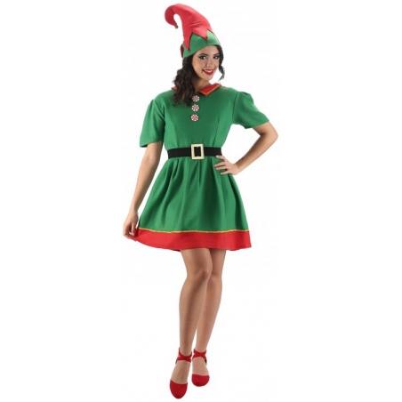 Déguisement de Lutin de Noël pour femme avec robe, ceinture, bonnet et chaussettes Déguisement de Lutin de Noël pour femme avec robe, ceinture, bonnet et chaussettes