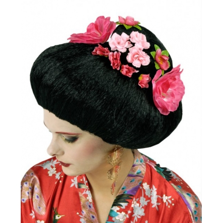 Perruque Geisha avec fleurs pour femme