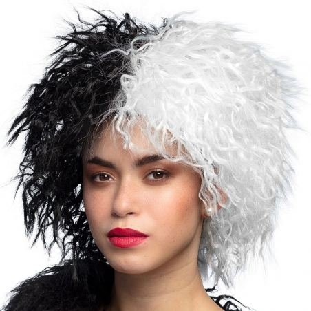 Perruque cheveux noirs et blancs pour femme, idéal pour se déguiser en Cruella