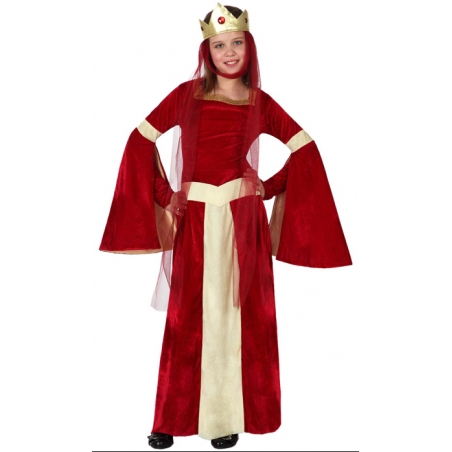 Déguisement fille médiévale rouge, robe médiévale avec coiffe pour fille de 3 à 12 ans