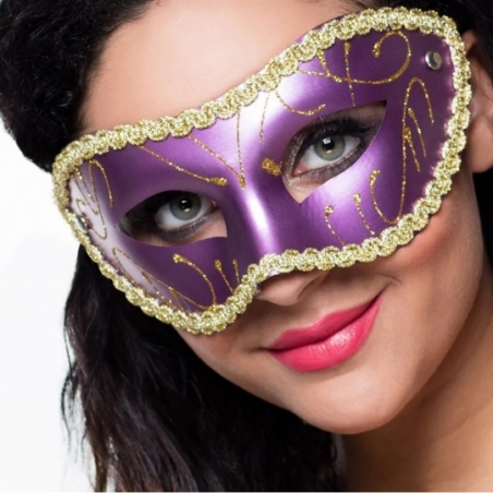 Masque vénitien, loup violet et or pour femme décoré de motis dorés