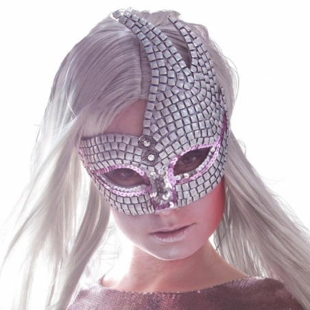 Masque vénitien argent et rose au design futuriste pour femme