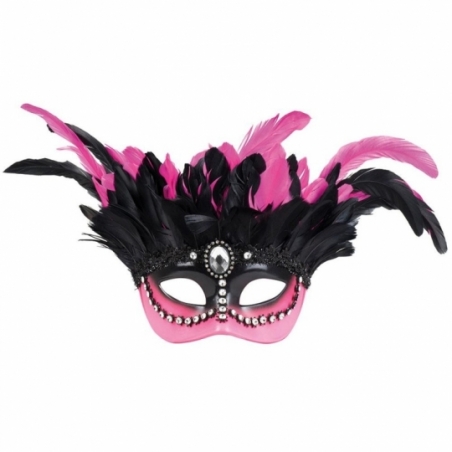 Masque vénitien à plumes noires et rose idéal pour un bal masqué ou une fête sur le thème du carnaval de Venise