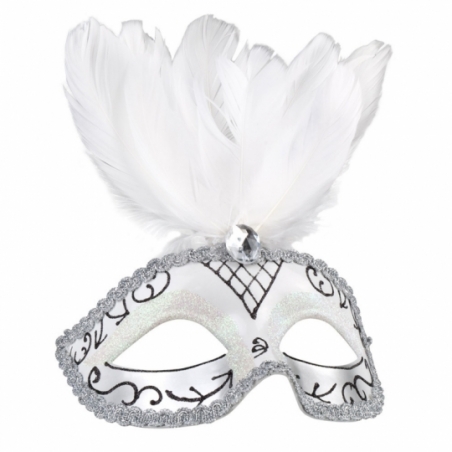 Loup vénitien blanc avec plumes idéal pour se déguiser pour Carnaval ou un bal masqué