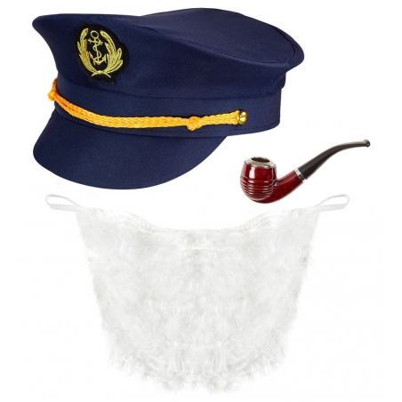 Set accessoires marin, casquette de capitaine avec barbe et pipe
