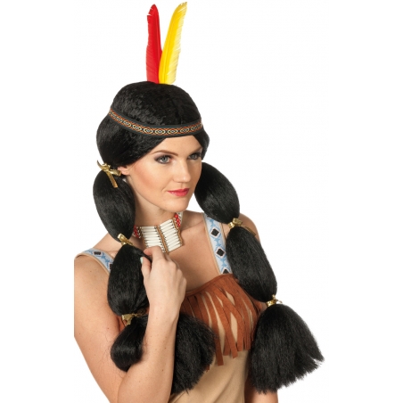 Perruque indienne avec tressse, bandeau et plumes