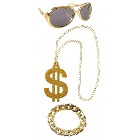 Kit rappeur US avec chaine, lunettes et pendentif dollars couleur or