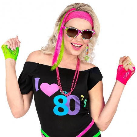 Set années 80 pour femme avec gants, lunettes et extensions pour cheveux fluo