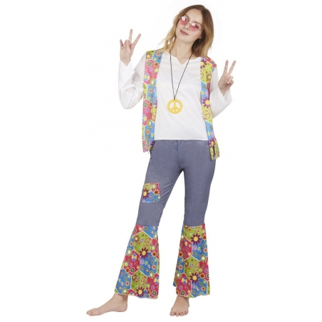 Déguisement femme années 60 avec chemise avec gilet, pantalon et collier hippie