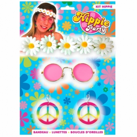 Accessoires années 60 pour femme couronne à fleurs, boucles d'oreilles et lunettes hippie