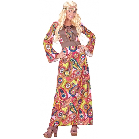 Déguisement hippie femme, longue robe également disponible en grandes tailles