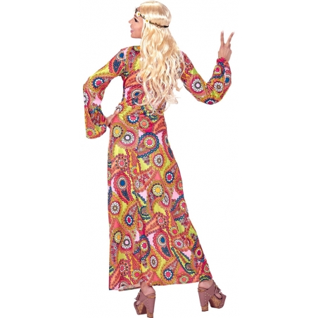 Déguisement hippie pour femme, longue robe multicolore à motifs