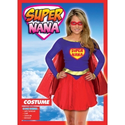 Déguisement Super Nana pour femme avec jupe tunique, cape, ceinture et masque