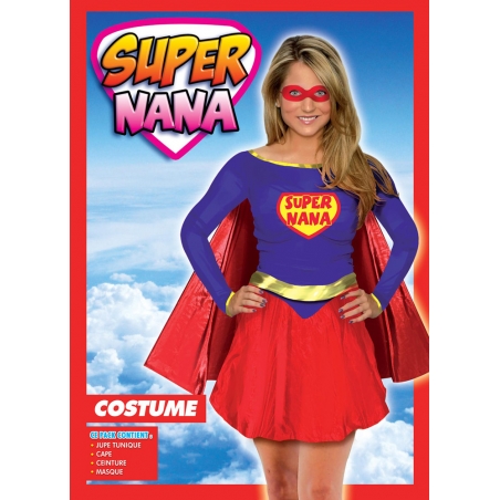 Déguisement Super Nana pour femme avec jupe tunique, cape, ceinture et masque