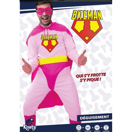 Déguisement Biteman rose homme avec combinaison, cape, ceinture et masque Déguisement Biteman rose homme avec combinaison, cape, ceinture et masque