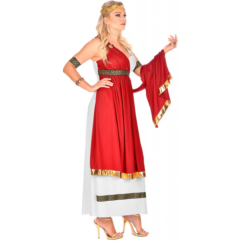 Robe romaine rouge et blanche pour femme  drapé, bracelets et couronne de lauriers