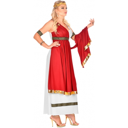 Robe romaine rouge et blanche pour femme  drapé, bracelets et couronne de lauriers