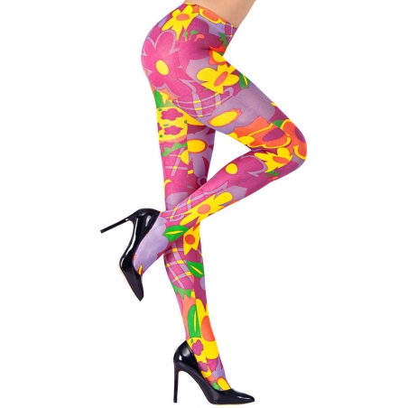 Paire de collants hippie rose décorée de fleurs