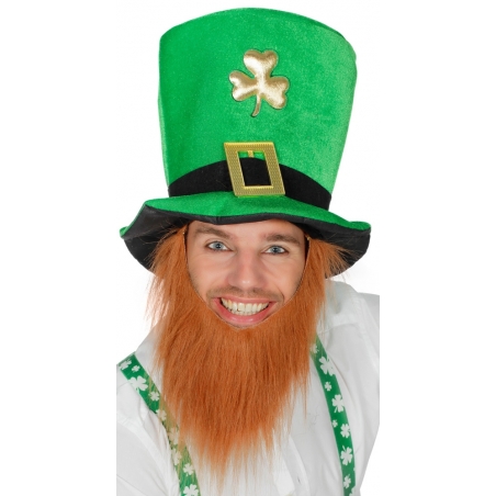 Haut de forme Saint Patrick avec barbe rousse, chapeau vert décoré d'un trefle doré pour hommes et femmes