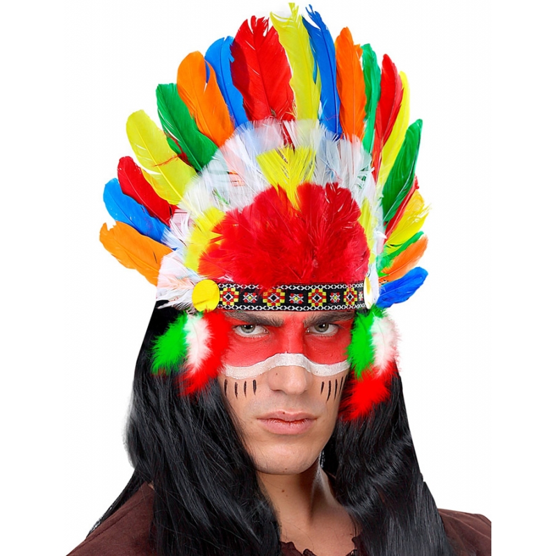 Coiffe d'indien multicolore avec plumes idéale pour incarner un chef de tribue indienne