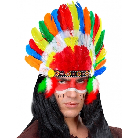 Coiffe d'indien multicolore avec plumes idéale pour incarner un chef de tribue indienne