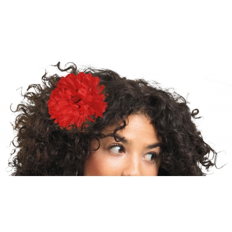 Fleur rouge sur pince à placer dans vos cheveux idéale pour accessoiriser une tenue espagnole, brésilienne ou dia de los muertos