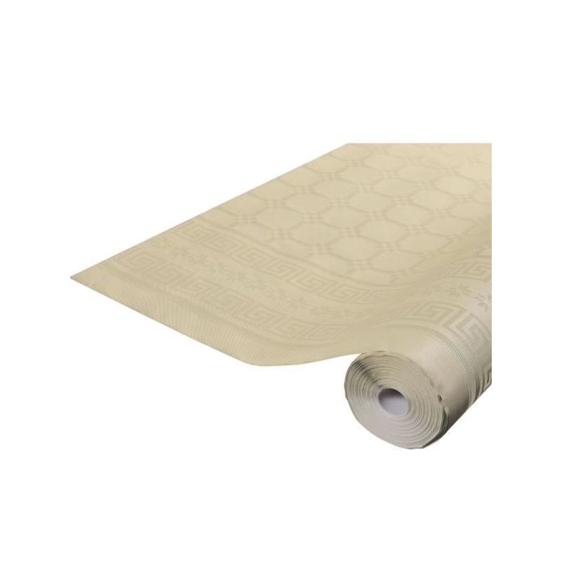 Nappe en papier damassé couleur ficelle idéale pour réaliser une décoration de table pour célébrer un mariage, un anniversaire