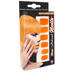 Faux ongles orange fluo, flashy jusqu'au bout des doigts pour une soirée thème années 80