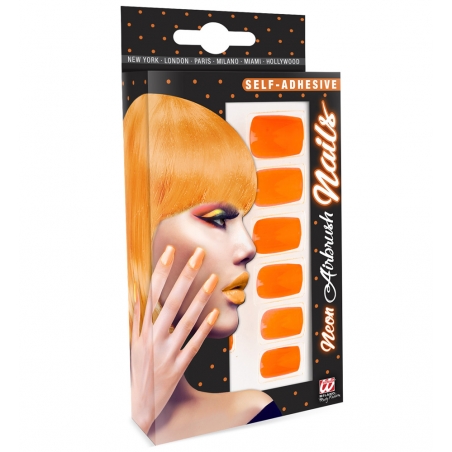 Faux ongles orange fluo, flashy jusqu'au bout des doigts pour une soirée thème années 80