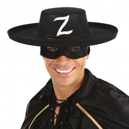 Chapeau de Zorro pour adulte décoré d'un Z blanc sur le devant Chapeau de Zorro pour adulte décoré d'un Z blanc sur le devant