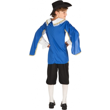 Tenue de mousquetaire bleu pour enfant avec chemise, pantalon et chapeau