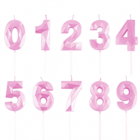 Bougie chiffres rose pour composer son âge pour le gâteau d'anniversaire, chiffres de 0 à 9