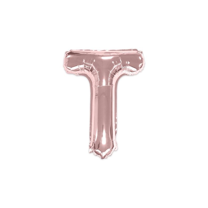 Ballon lettre T rose gold de 35 cm livré avec une paille pour un gonflage à l'air