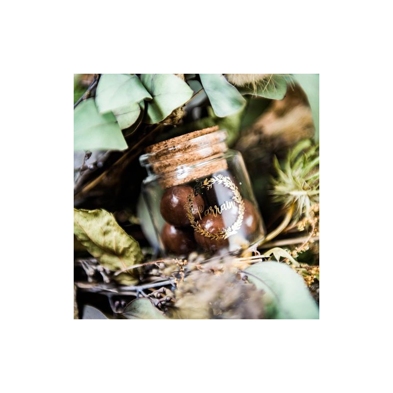 Fiole parrain en verre avec bouchon en liège remplie de petits chocolats